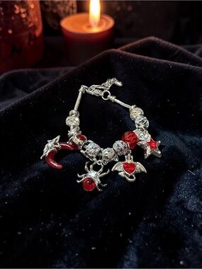 Silver Charm Bracelet with Red Crystal Accents